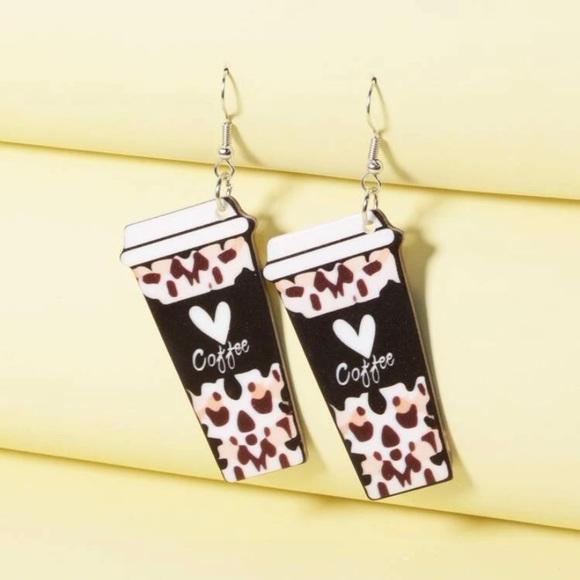 NEW! Leopard Print Coffee Cup Earrings - Picture 2 of 2